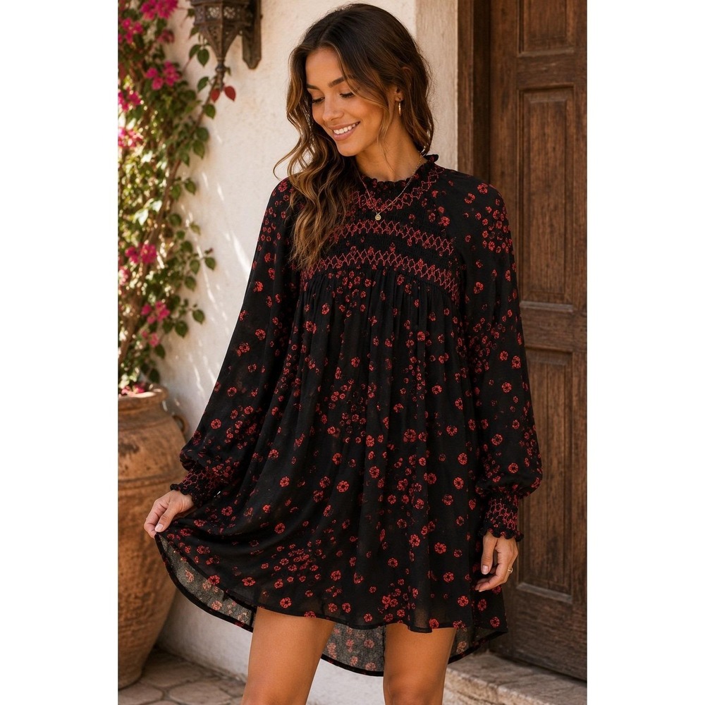 Free People Black Red Floral Smocked Embroidered Tunic Mini Dress XS Boho